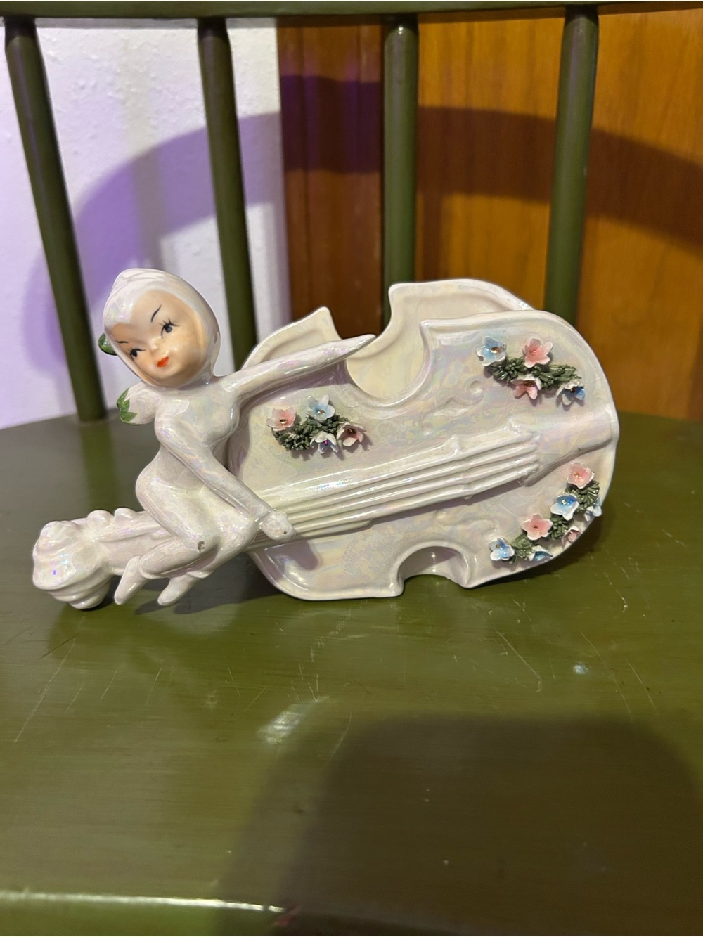 Vintage Lufton pixie elf on iridescent violin planter
